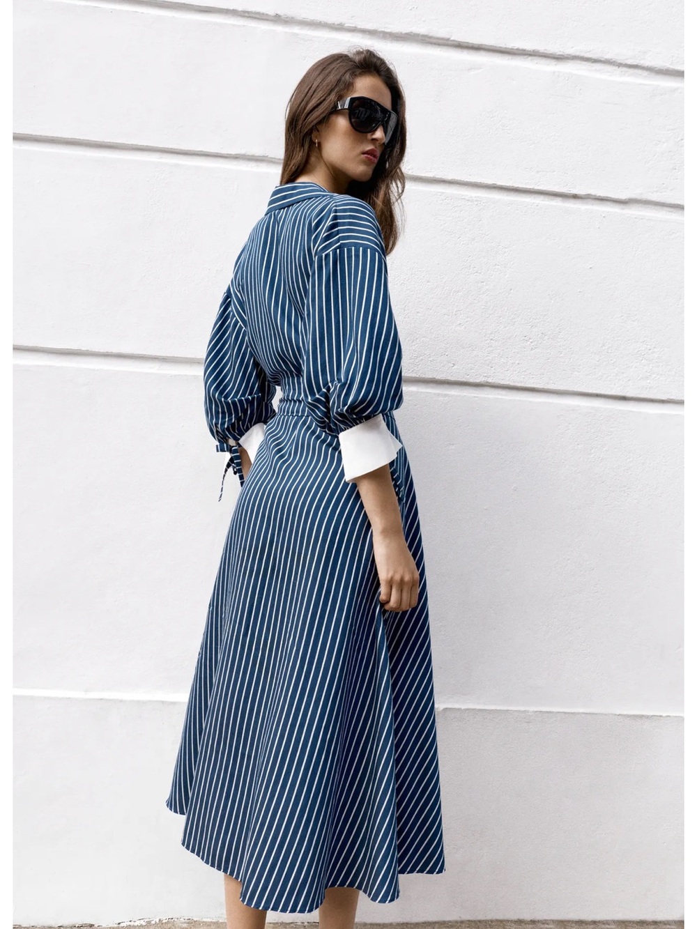Zara Navy and White Striped Midi Shirt Dress with Belt - Picture 7 of 12